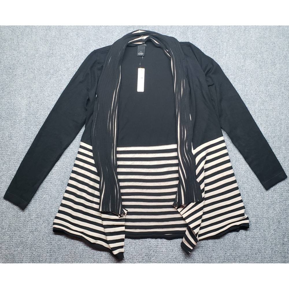 New Directions Cardigan Sweater Womens Small Black Beige Striped Open Front New